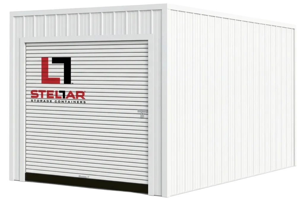 White Stellar 10 by 15 foot storage building with a roll-up door